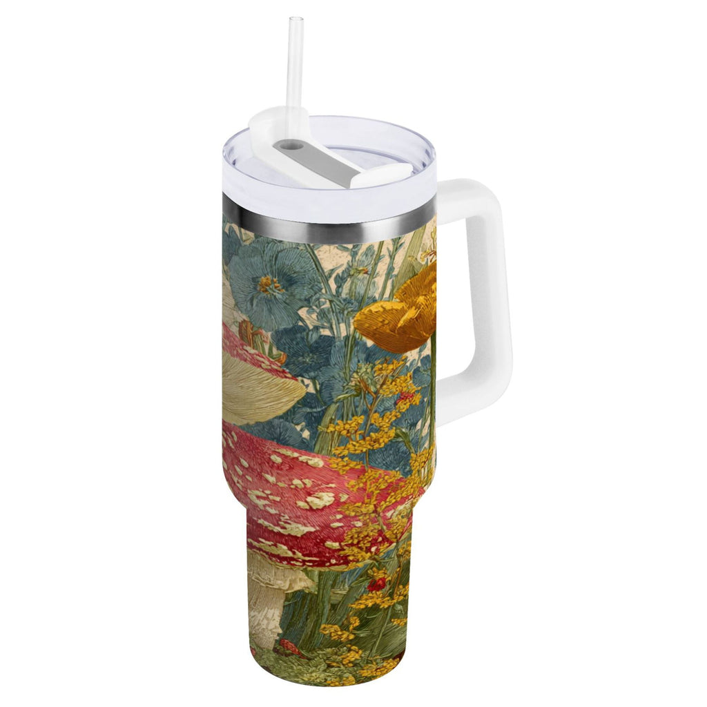 30 oz Insulated Stainless Steel Tumbler Double Wall Stainless Steel Tumbler with 2-Way Drinking Red Mushrooms with Flowers WVAO