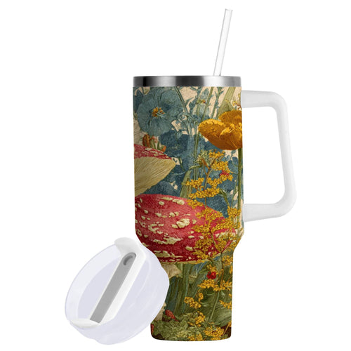 30 oz Insulated Stainless Steel Tumbler Double Wall Stainless Steel Tumbler with 2-Way Drinking Red Mushrooms with Flowers WVAO