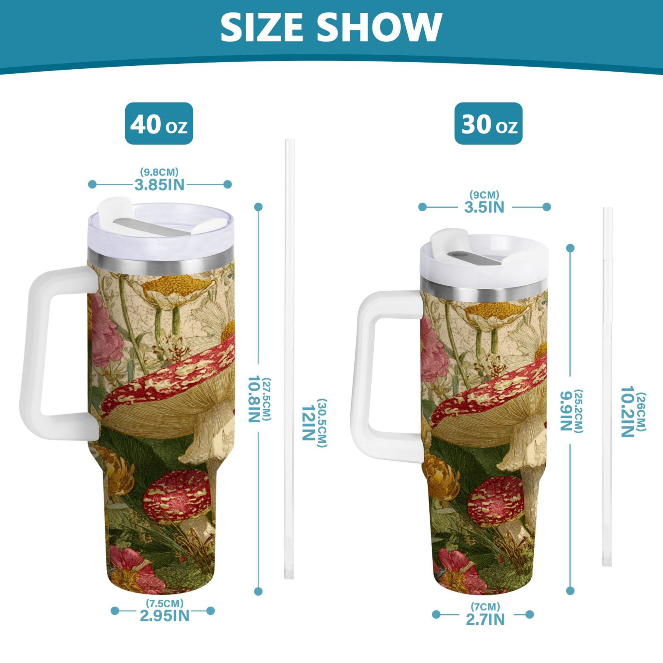 30 oz Insulated Stainless Steel Tumbler Double Wall Stainless Steel Tumbler with 2-Way Drinking Red Mushrooms with Flowers WVAO