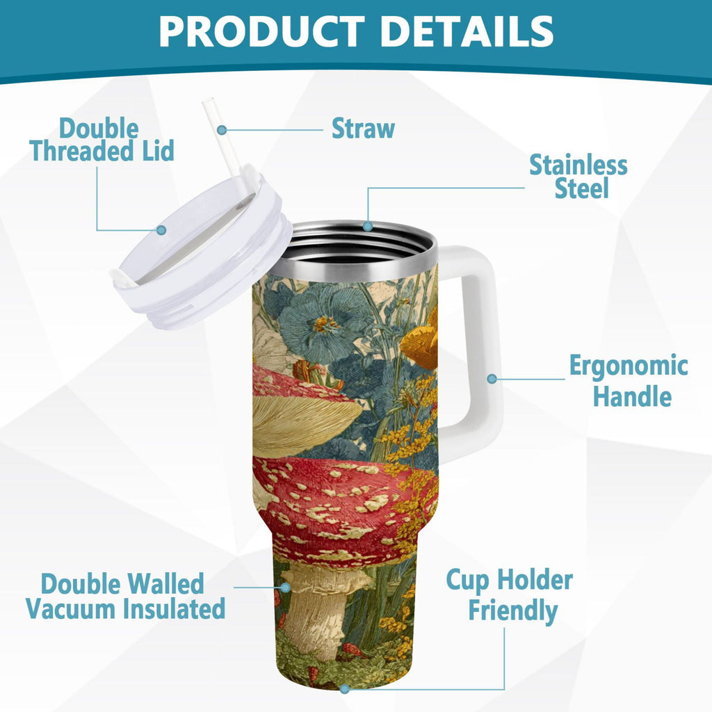30 oz Insulated Stainless Steel Tumbler Double Wall Stainless Steel Tumbler with 2-Way Drinking Red Mushrooms with Flowers WVAO