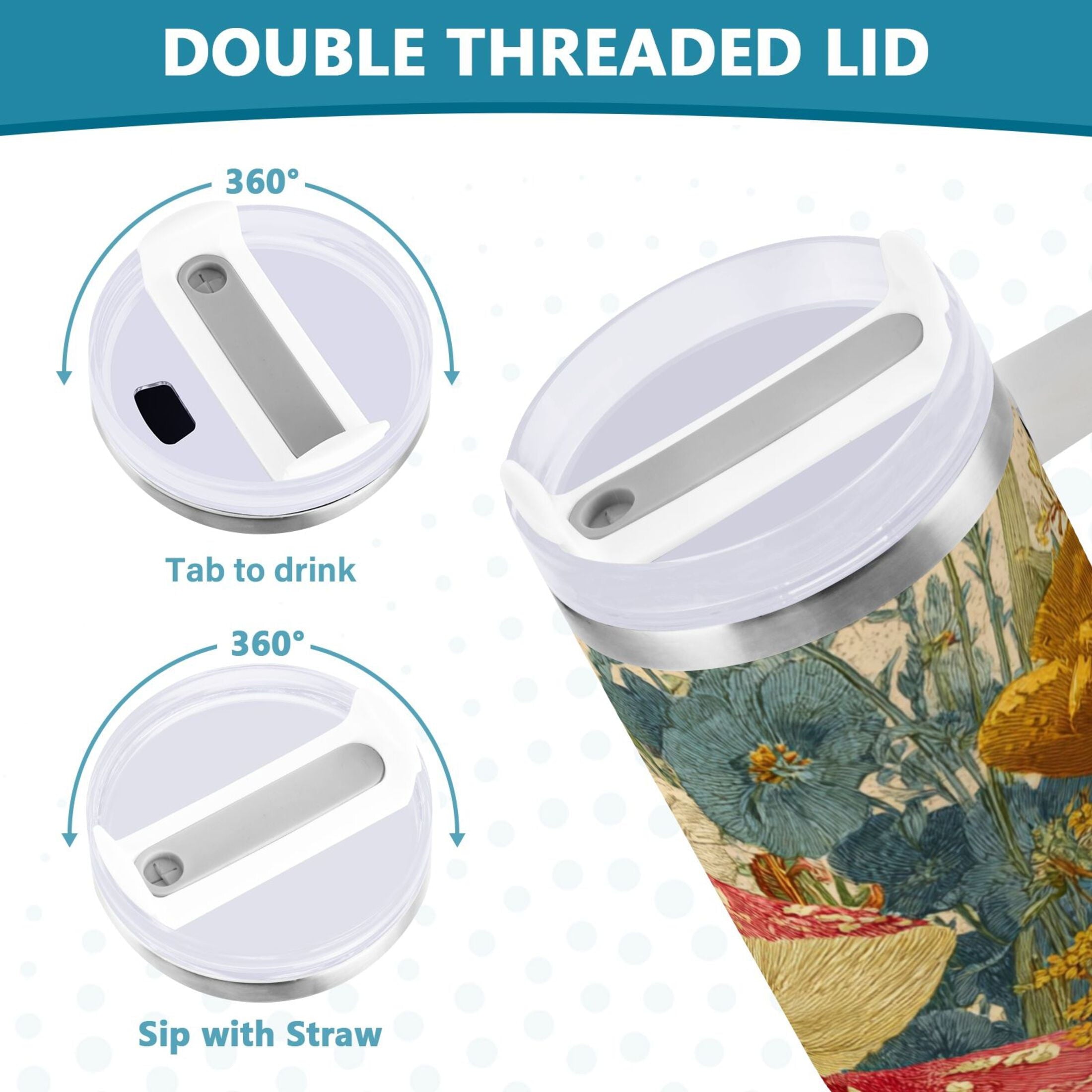 30 oz Insulated Stainless Steel Tumbler Double Wall Stainless Steel Tumbler with 2-Way Drinking Red Mushrooms with Flowers WVAO