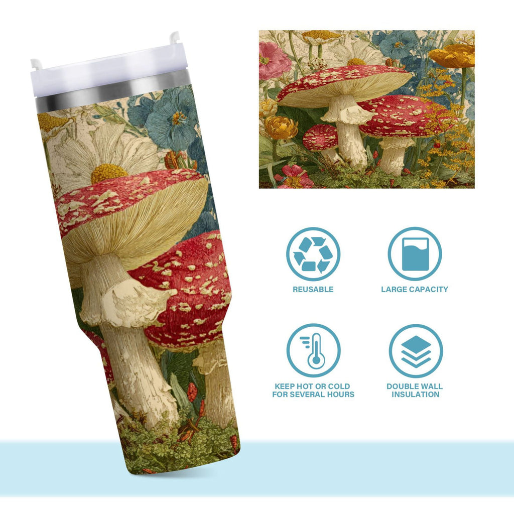 30 oz Insulated Stainless Steel Tumbler Double Wall Stainless Steel Tumbler with 2-Way Drinking Red Mushrooms with Flowers WVAO