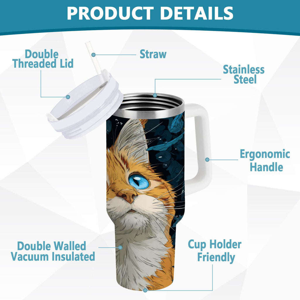 30 oz Insulated Stainless Steel Tumbler Double Wall Stainless Steel Tumbler with 2-Way Drinking Orange Cat with Blue Eyes TOEJ