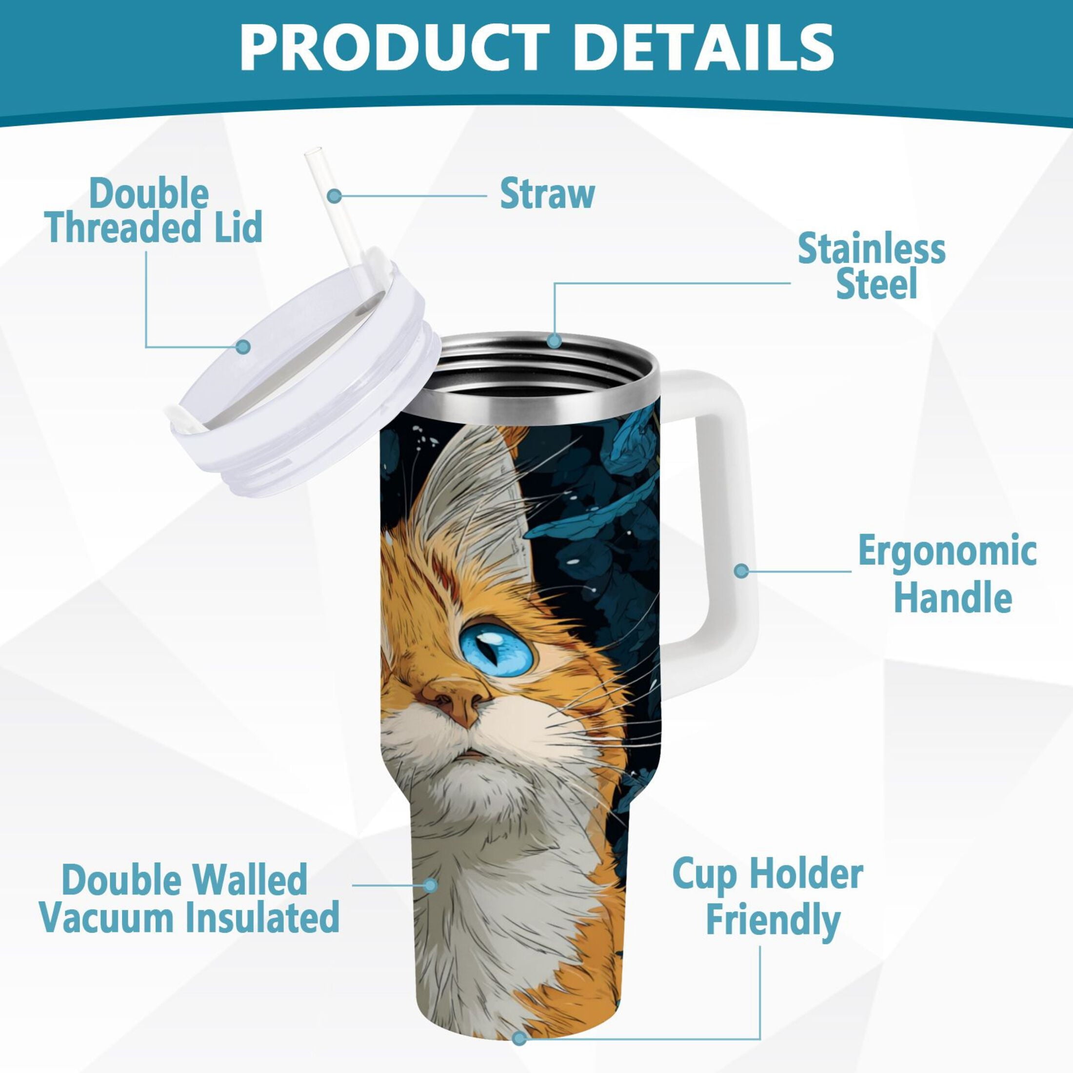30 oz Insulated Stainless Steel Tumbler Double Wall Stainless Steel Tumbler with 2-Way Drinking Orange Cat with Blue Eyes TOEJ