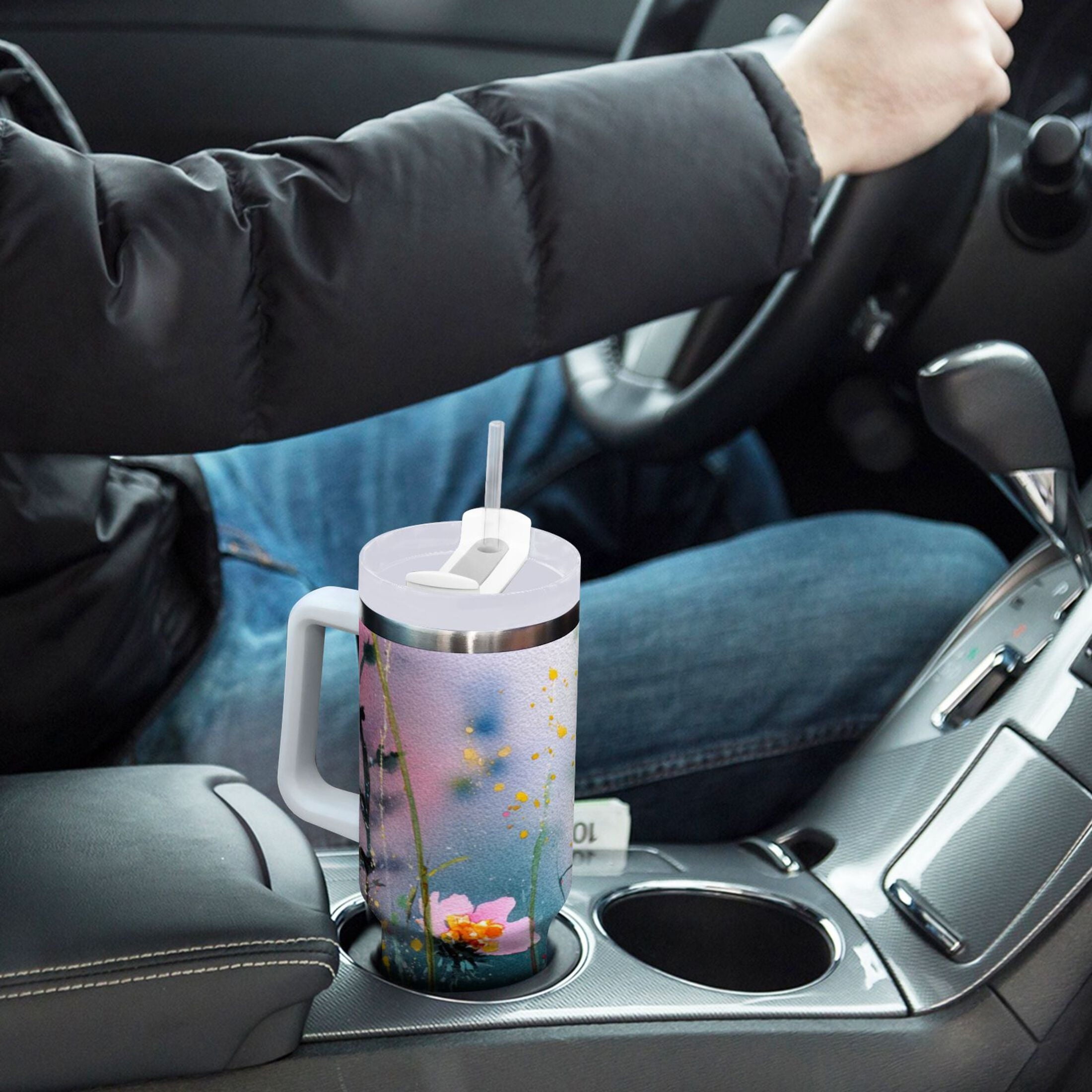 40 oz Insulated Stainless Steel Tumbler Double Wall Stainless Steel Tumbler with 2-Way Drinking Abstract Wildflowers 1CT7