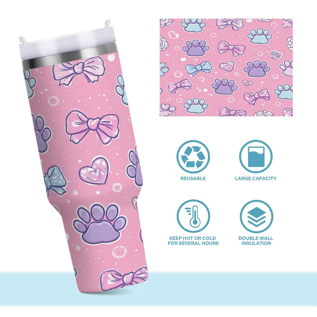 30 oz Insulated Stainless Steel Tumbler Double Wall Stainless Steel Tumbler with 2-Way Drinking Dog Paw Prints and Bows 8OH8