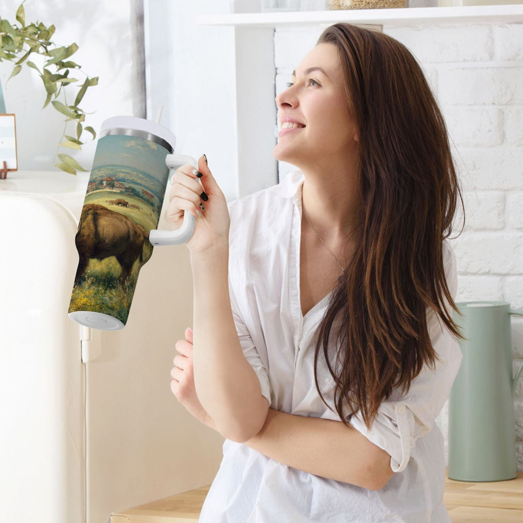 30 oz Insulated Stainless Steel Tumbler Double Wall Stainless Steel Tumbler with 2-Way Drinking Buffalo Herd Oil Painting FERM