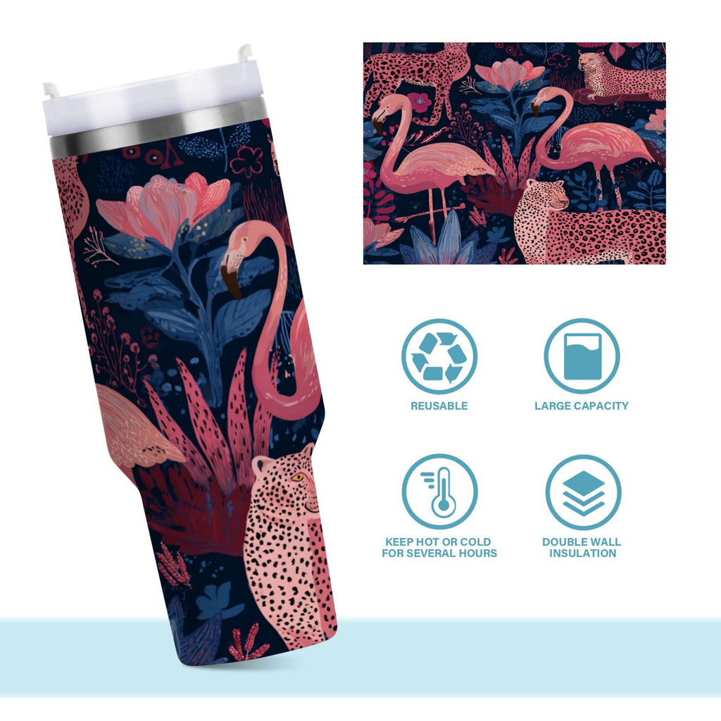 30 oz Insulated Stainless Steel Tumbler Double Wall Stainless Steel Tumbler with 2-Way Drinking Flamingos and Leopard Print UX3O