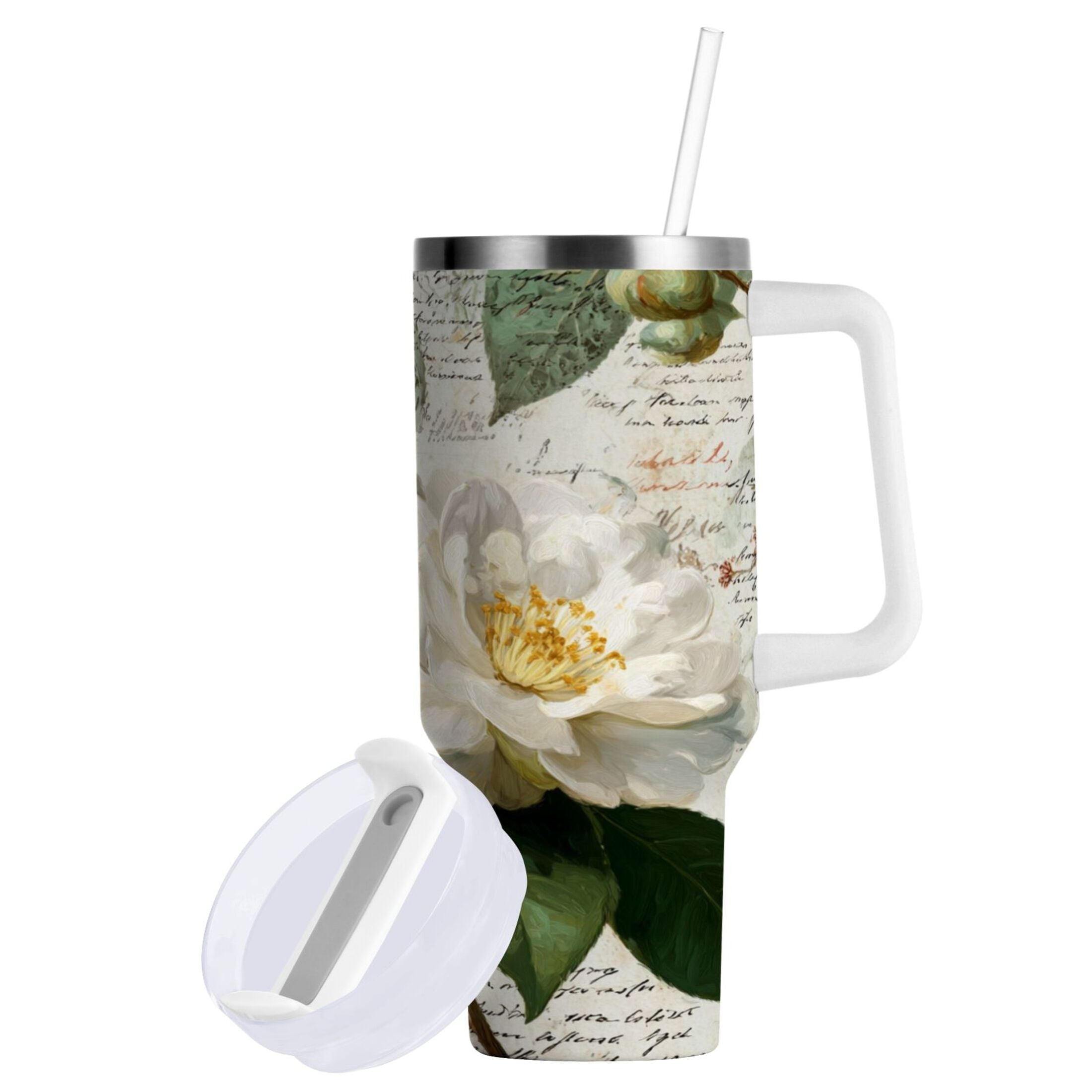 40 oz Insulated Stainless Steel Tumbler Double Wall Stainless Steel Tumbler with 2-Way Drinking Vintage White Camellias AJEN
