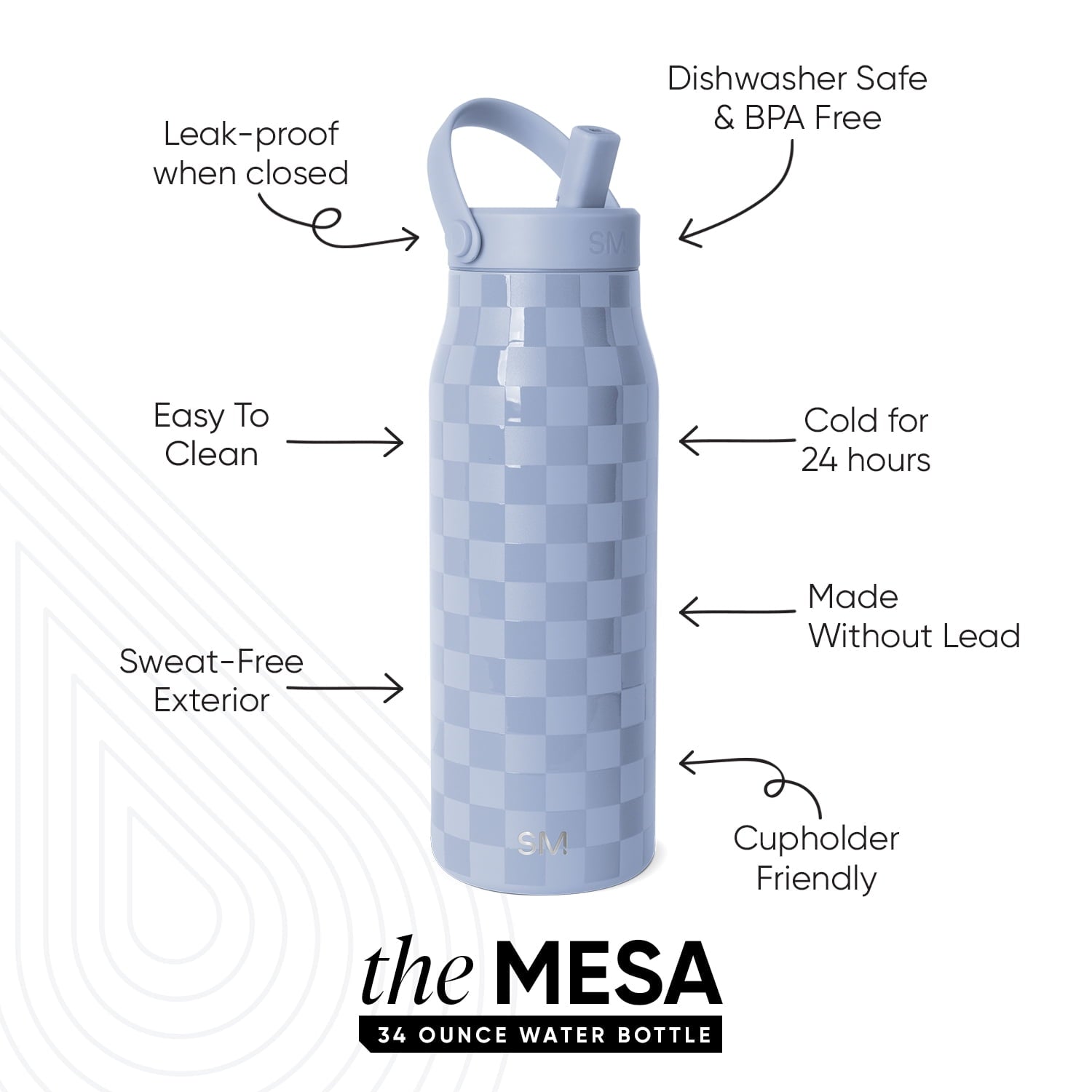 Simple Modern 34 fl oz Insulated Stainless Steel Mesa Wide Mouth Water Bottle with Handle and Push Button Straw Lid | Mystifying Blue Checkmate 07GY