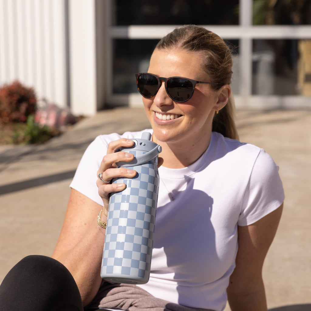 Simple Modern 34 fl oz Insulated Stainless Steel Mesa Wide Mouth Water Bottle with Handle and Push Button Straw Lid | Mystifying Blue Checkmate 07GY
