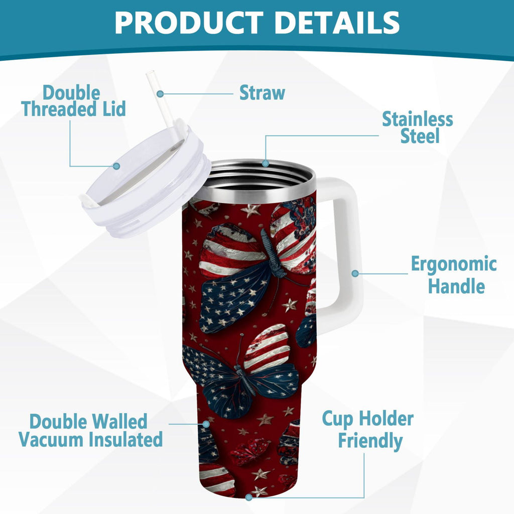 40 oz Insulated Stainless Steel Tumbler Double Wall Stainless Steel Tumbler with 2-Way Drinking Butterfly with National Flag 4X1G