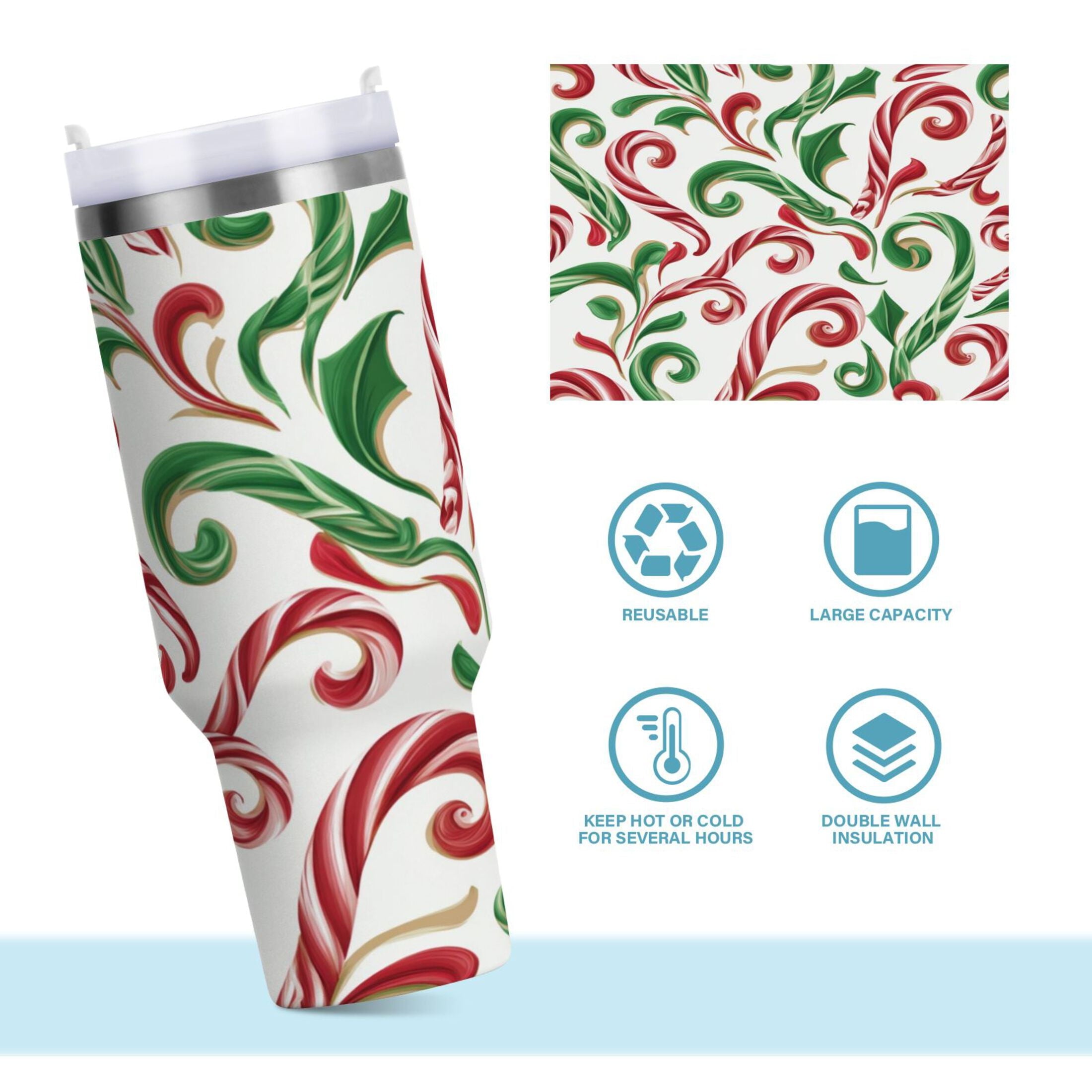 40 oz Insulated Stainless Steel Tumbler Double Wall Stainless Steel Tumbler with 2-Way Drinking Red and Green Candy-cane ARAG