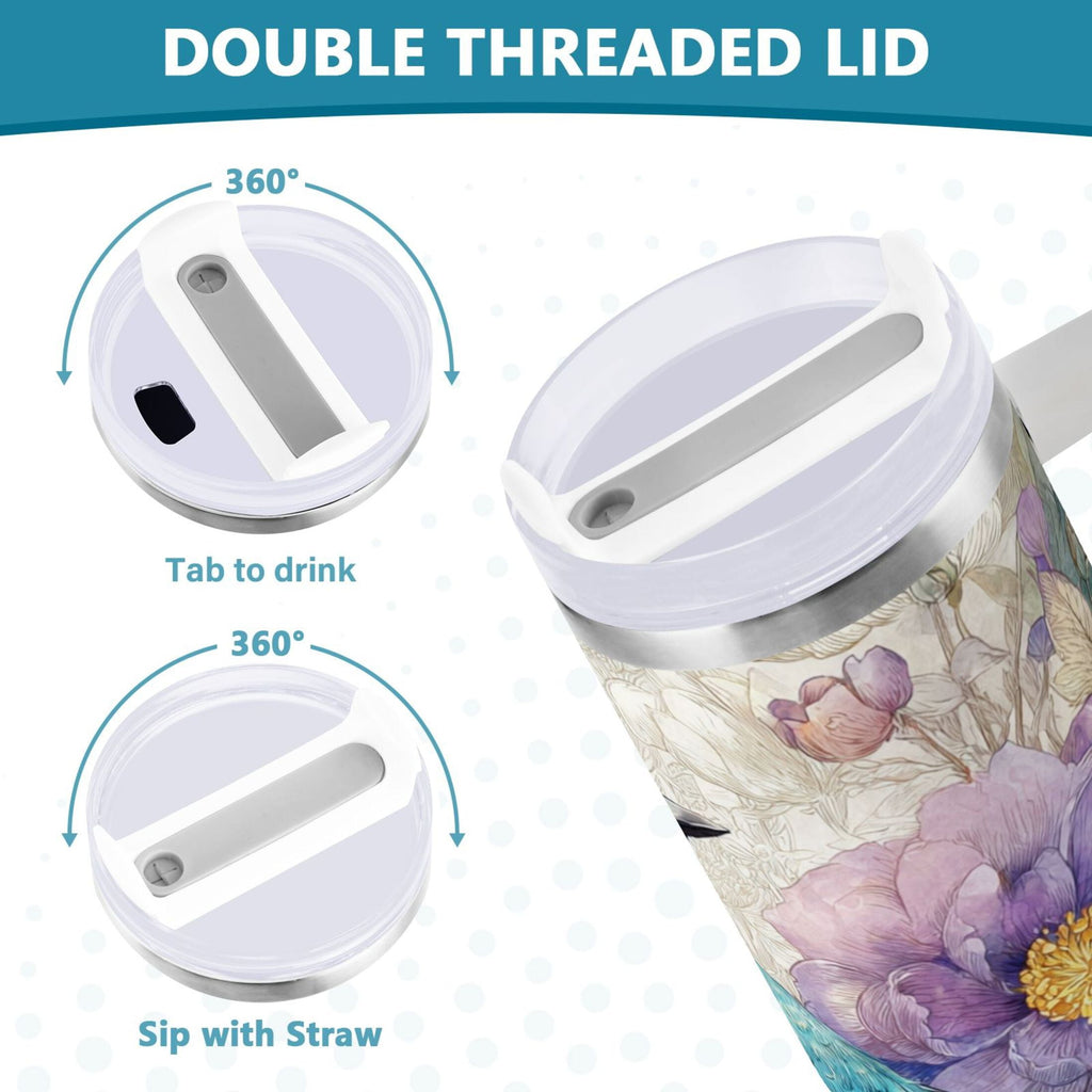 30 oz Insulated Stainless Steel Tumbler Double Wall Stainless Steel Tumbler with 2-Way Drinking Bluebird and Flower ARC5