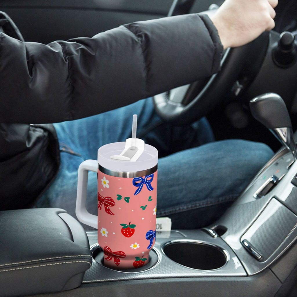 40 oz Insulated Stainless Steel Tumbler Double Wall Stainless Steel Tumbler with 2-Way Drinking Bows and Strawberries Pattern E9AK