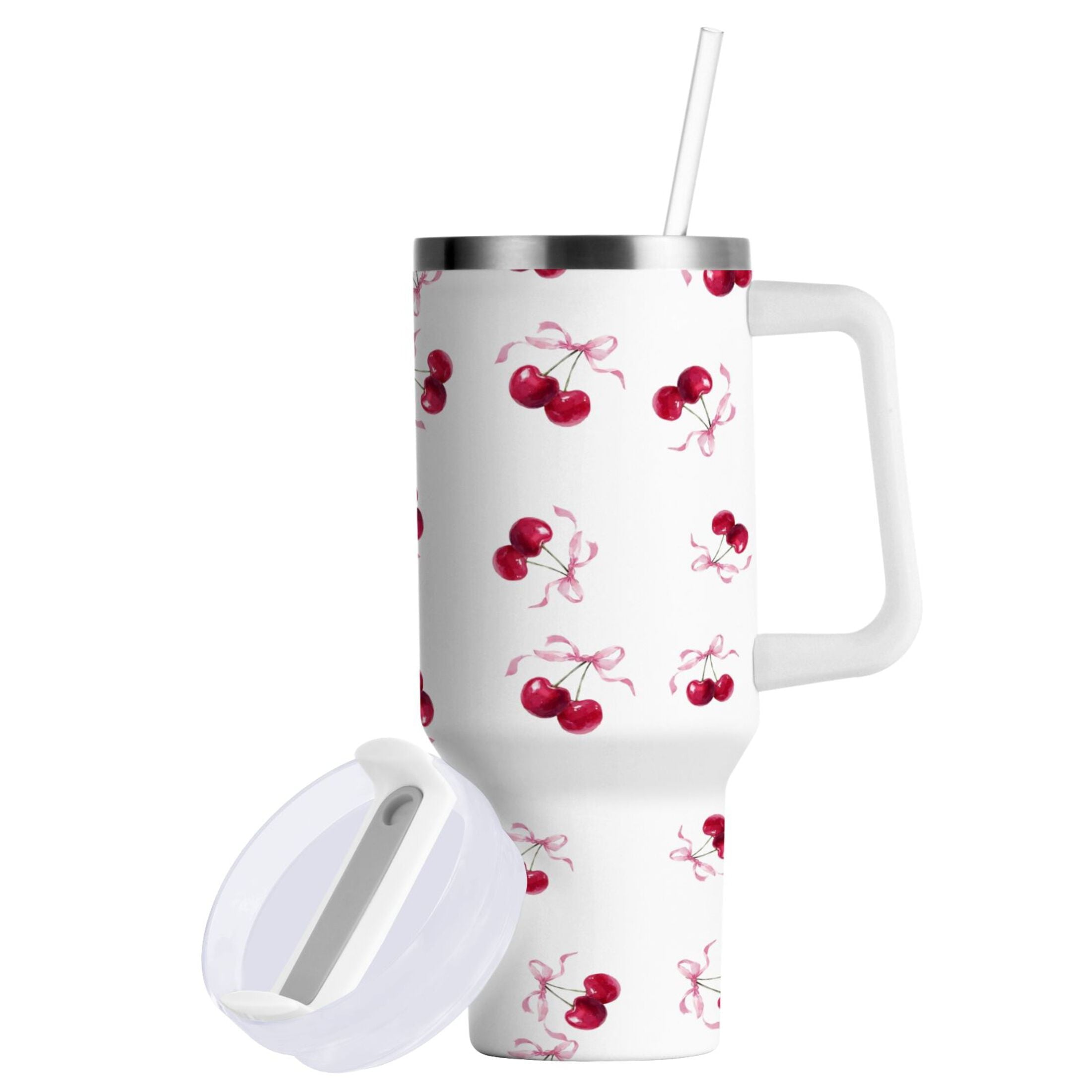 30 oz Insulated Stainless Steel Tumbler Double Wall Stainless Steel Tumbler with 2-Way Drinking Watercolor Cherries Pattern NL46