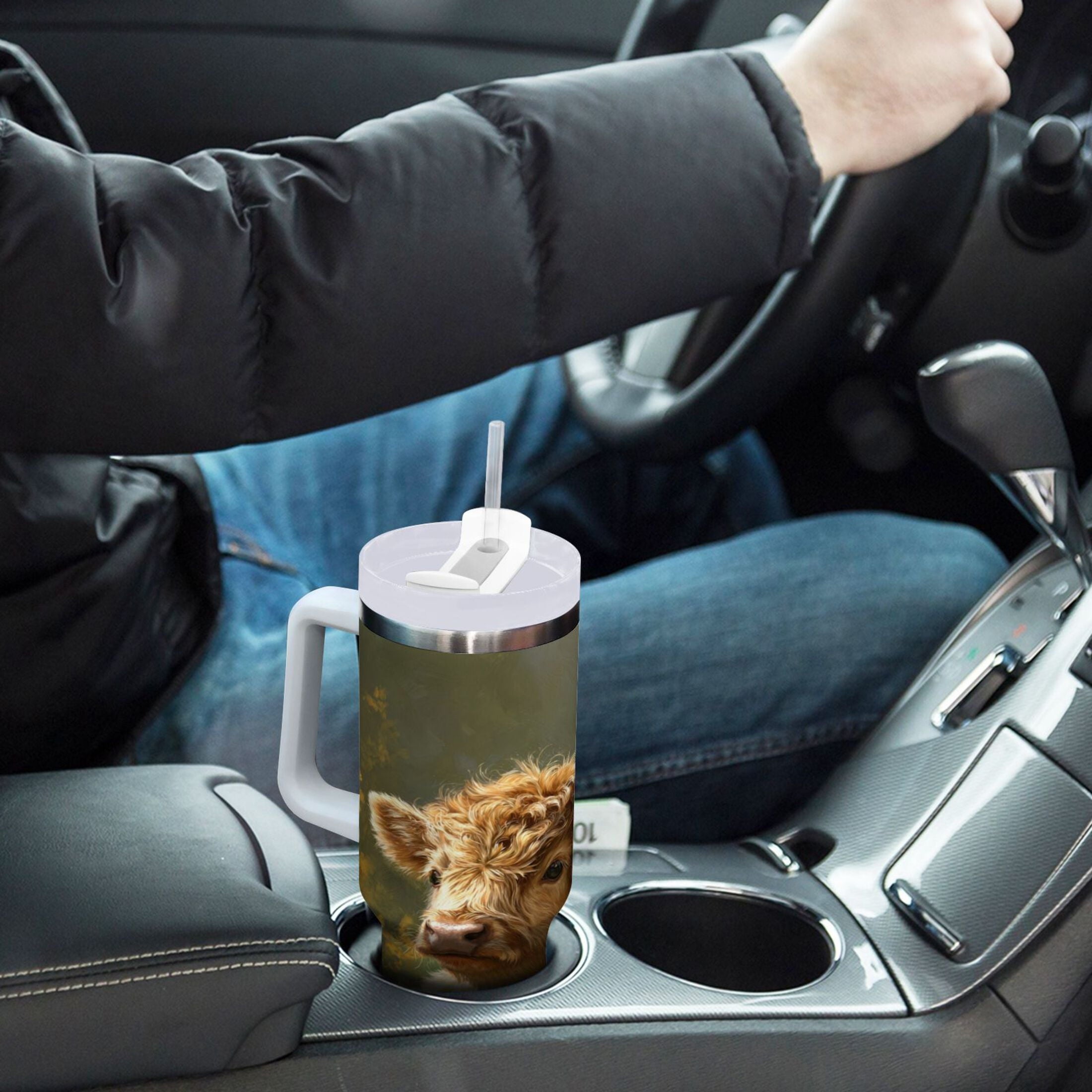 40 oz Insulated Stainless Steel Tumbler Double Wall Stainless Steel Tumbler with 2-Way Drinking Cow Lying in Sunflowers 36XG