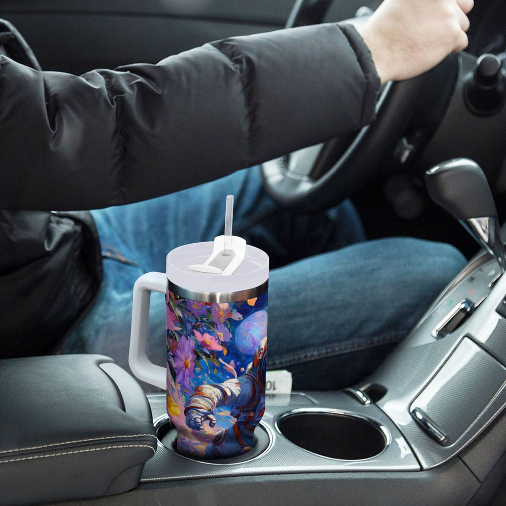40 oz Insulated Stainless Steel Tumbler Double Wall Stainless Steel Tumbler with 2-Way Drinking Astronaut and Colorful Flowers YQOR