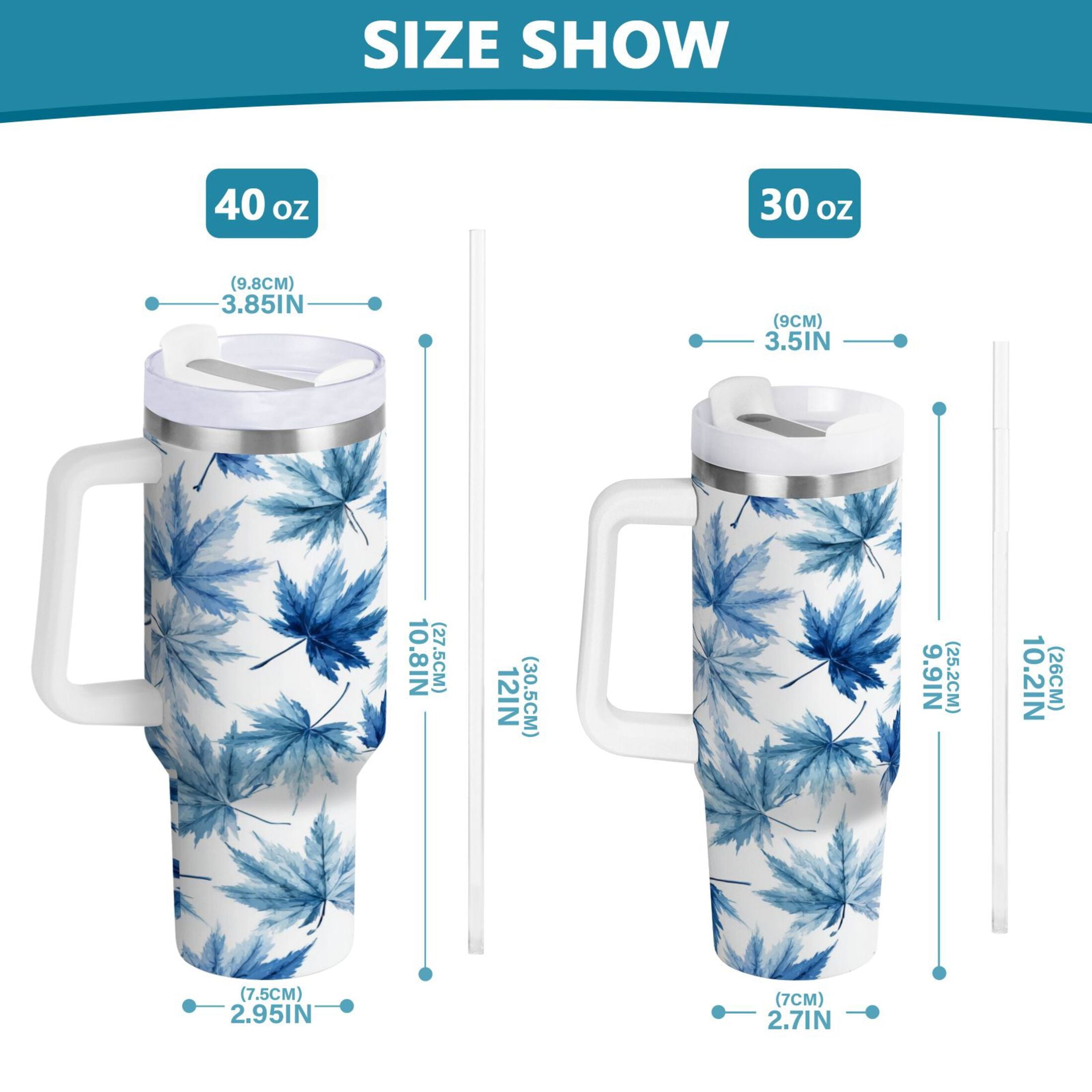 30 oz Insulated Stainless Steel Tumbler Double Wall Stainless Steel Tumbler with 2-Way Drinking Abstract Blue Maple Leaves HPXS