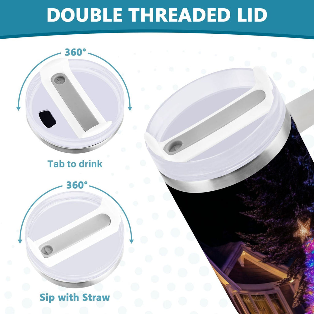 40 oz Insulated Stainless Steel Tumbler Double Wall Stainless Steel Tumbler with 2-Way Drinking Christmas Trees with Lights QEIK