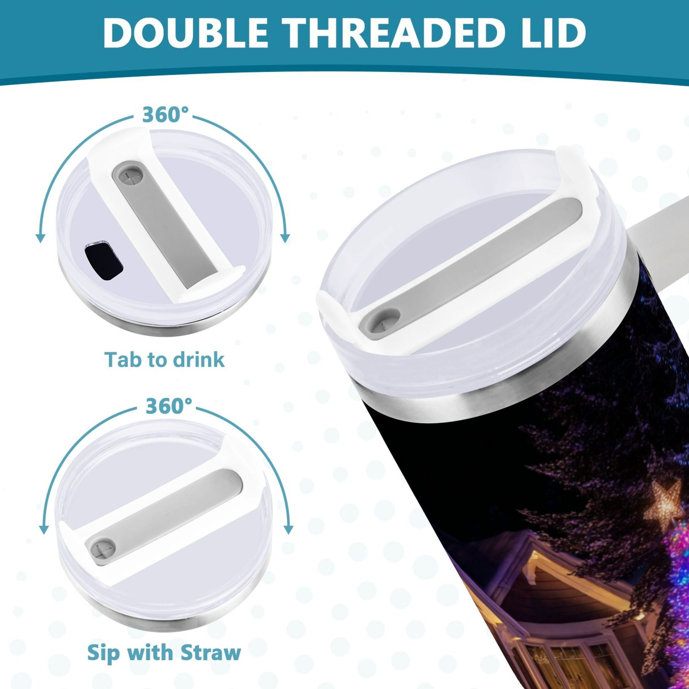 40 oz Insulated Stainless Steel Tumbler Double Wall Stainless Steel Tumbler with 2-Way Drinking Christmas Trees with Lights QEIK