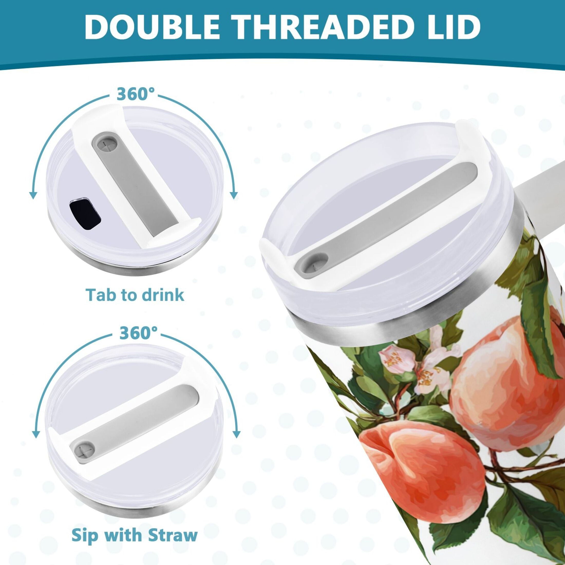 30 oz Insulated Stainless Steel Tumbler Double Wall Stainless Steel Tumbler with 2-Way Drinking Peach Fruit Pattern C5AO