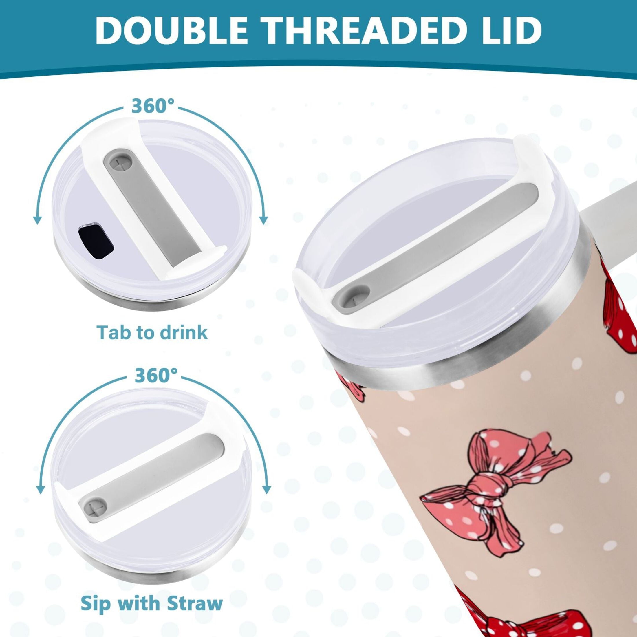 30 oz Insulated Stainless Steel Tumbler Double Wall Stainless Steel Tumbler with 2-Way Drinking Cute Red Bows Pattern 9ARD