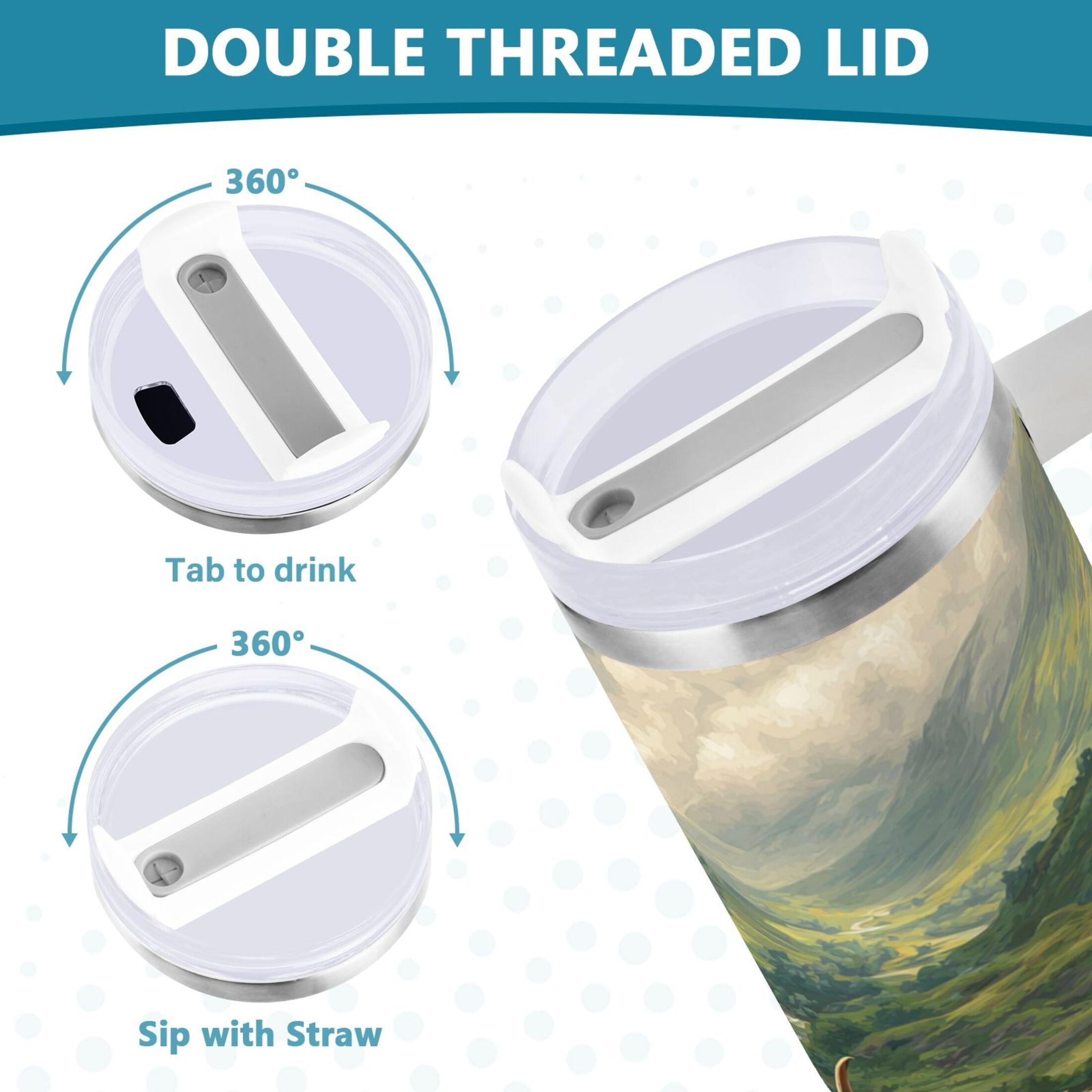 30 oz Insulated Stainless Steel Tumbler Double Wall Stainless Steel Tumbler with 2-Way Drinking Cow in Green Rolling Hills Q5MV