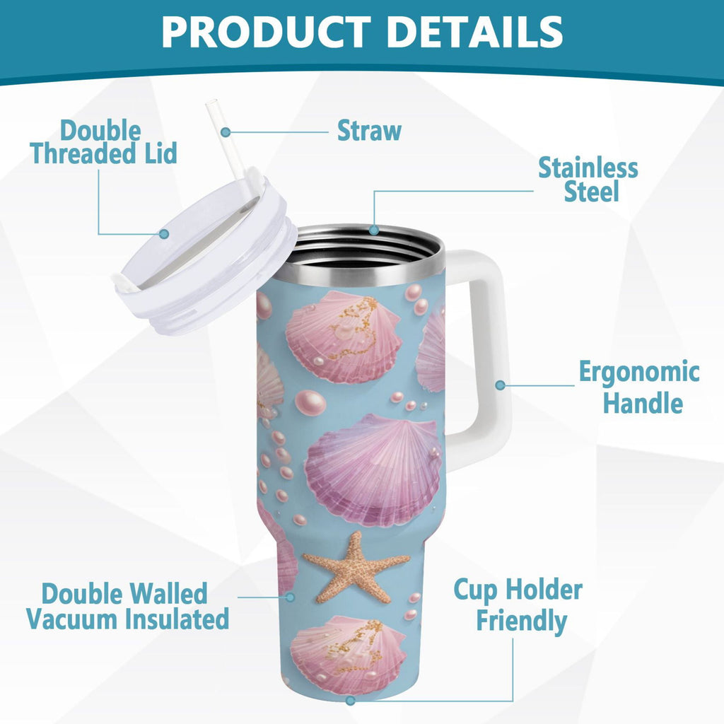 40 oz Insulated Stainless Steel Tumbler Double Wall Stainless Steel Tumbler with 2-Way Drinking Seashells and Pearls Pattern I05D