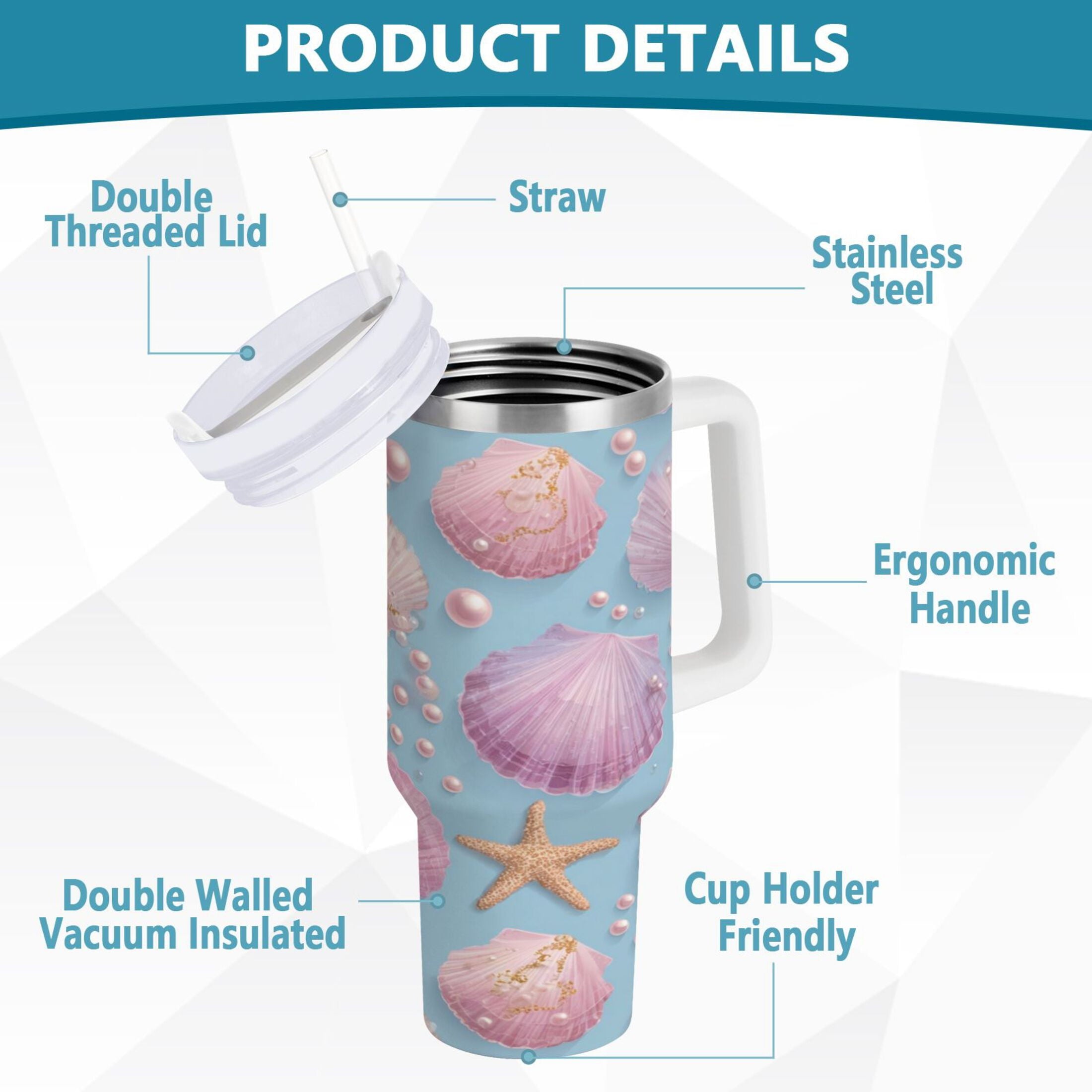 40 oz Insulated Stainless Steel Tumbler Double Wall Stainless Steel Tumbler with 2-Way Drinking Seashells and Pearls Pattern I05D