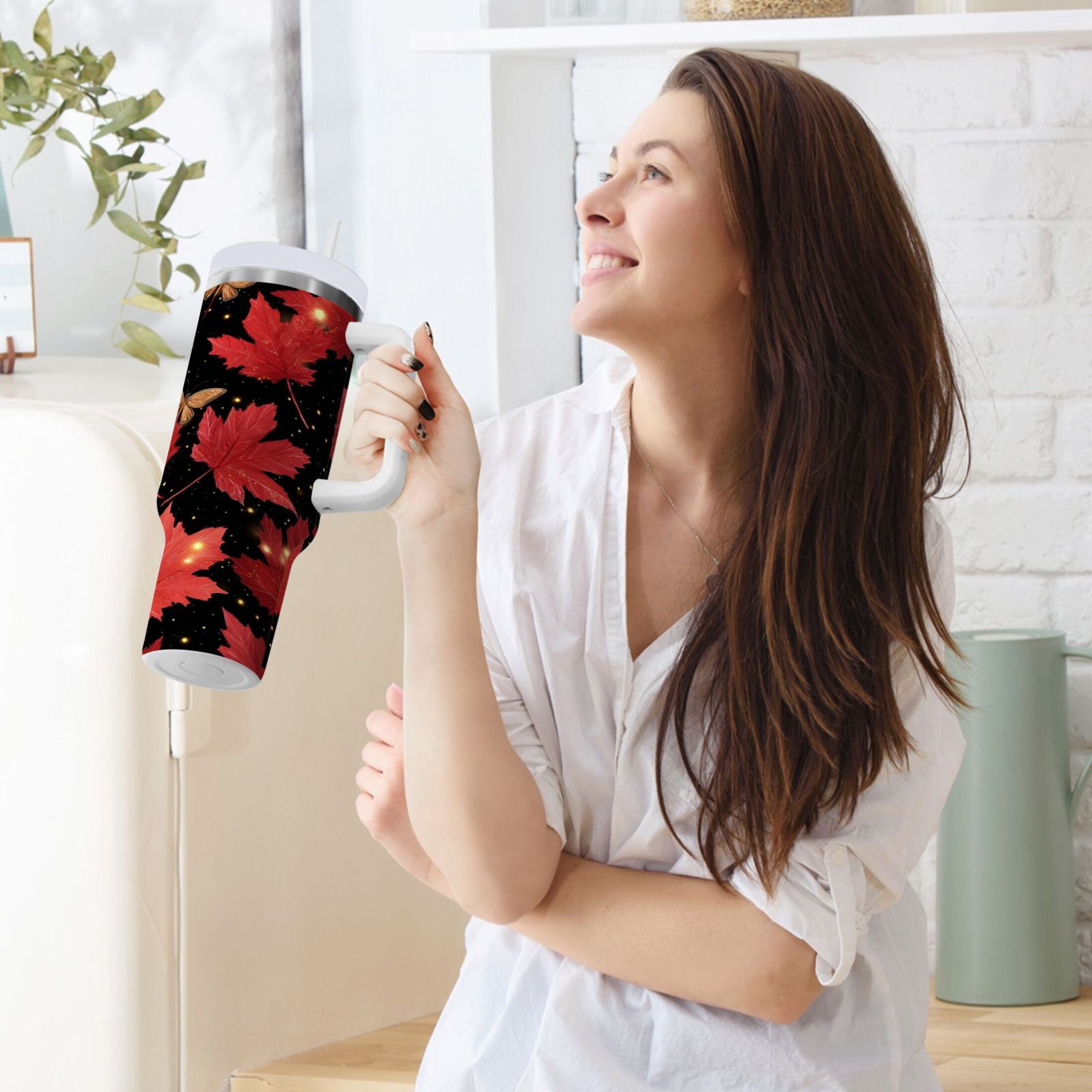 40 oz Insulated Stainless Steel Tumbler Double Wall Stainless Steel Tumbler with 2-Way Drinking Maple Leaves and Fireflies SA1A
