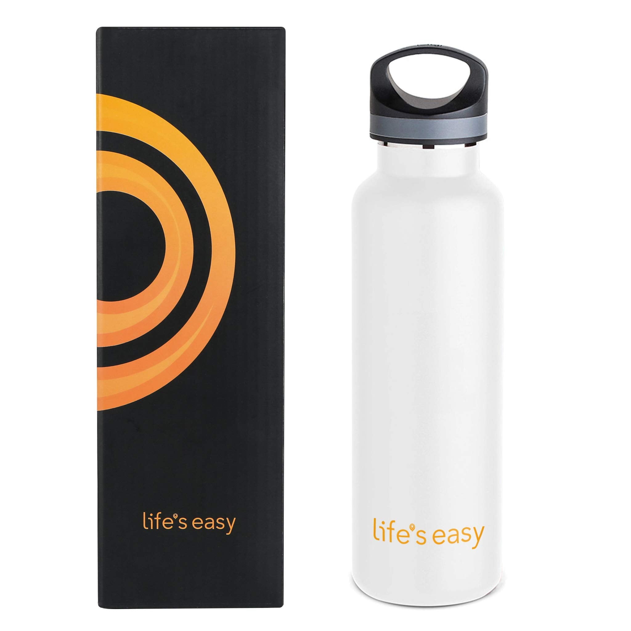 LIFE'S EASY 20 oz. Sports Insulated Water Bottle with Lid. Stainless Steel Vacuum Double Wall Thermo for Modern Hot and Cold Drinks, Simple Metal Hydro Canteen for Travel Men and Women (White) O3HM