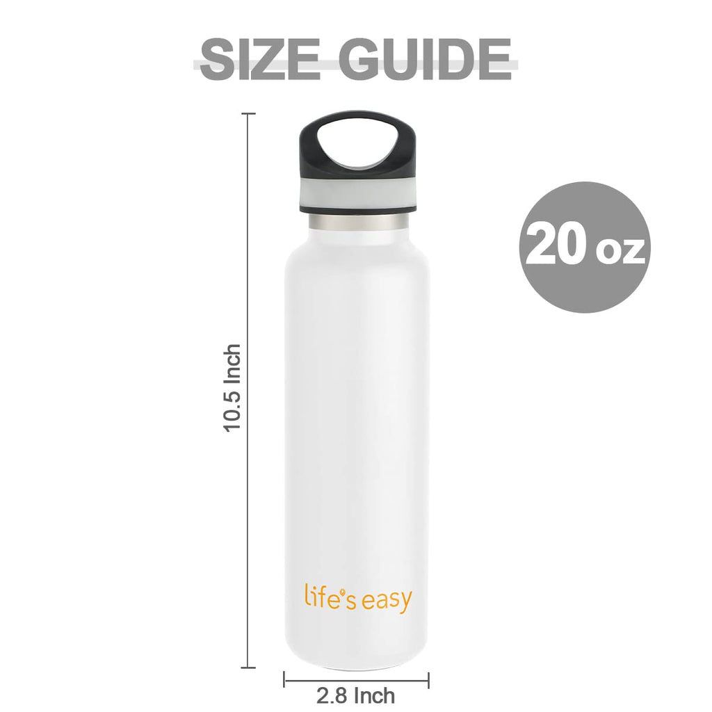 LIFE'S EASY 20 oz. Sports Insulated Water Bottle with Lid. Stainless Steel Vacuum Double Wall Thermo for Modern Hot and Cold Drinks, Simple Metal Hydro Canteen for Travel Men and Women (White) O3HM