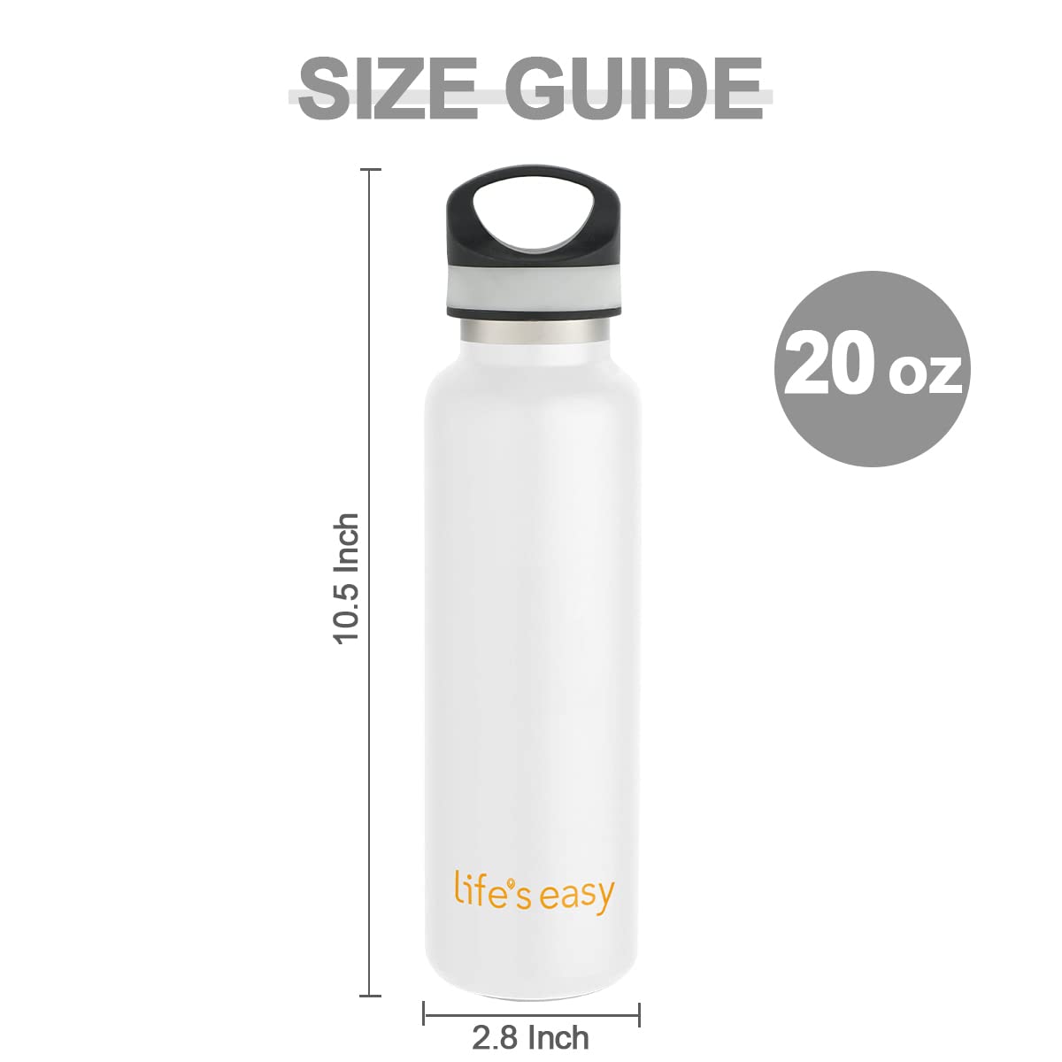 LIFE'S EASY 20 oz. Sports Insulated Water Bottle with Lid. Stainless Steel Vacuum Double Wall Thermo for Modern Hot and Cold Drinks, Simple Metal Hydro Canteen for Travel Men and Women (White) O3HM