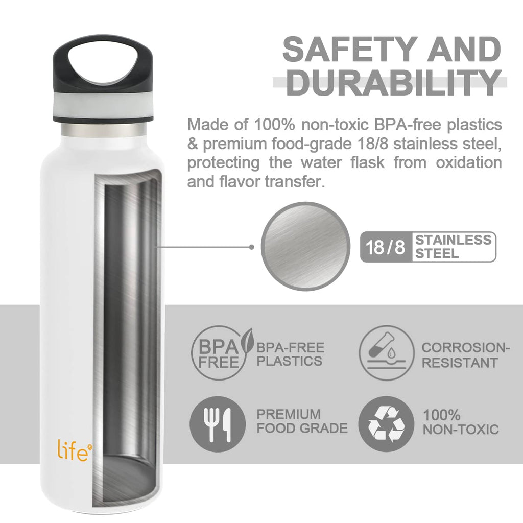 LIFE'S EASY 20 oz. Sports Insulated Water Bottle with Lid. Stainless Steel Vacuum Double Wall Thermo for Modern Hot and Cold Drinks, Simple Metal Hydro Canteen for Travel Men and Women (White) O3HM