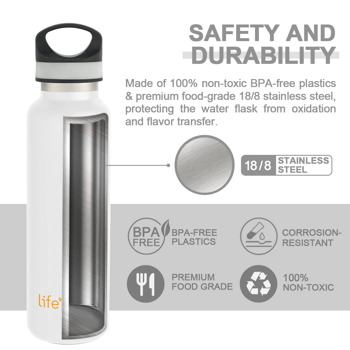 LIFE'S EASY 20 oz. Sports Insulated Water Bottle with Lid. Stainless Steel Vacuum Double Wall Thermo for Modern Hot and Cold Drinks, Simple Metal Hydro Canteen for Travel Men and Women (White) O3HM