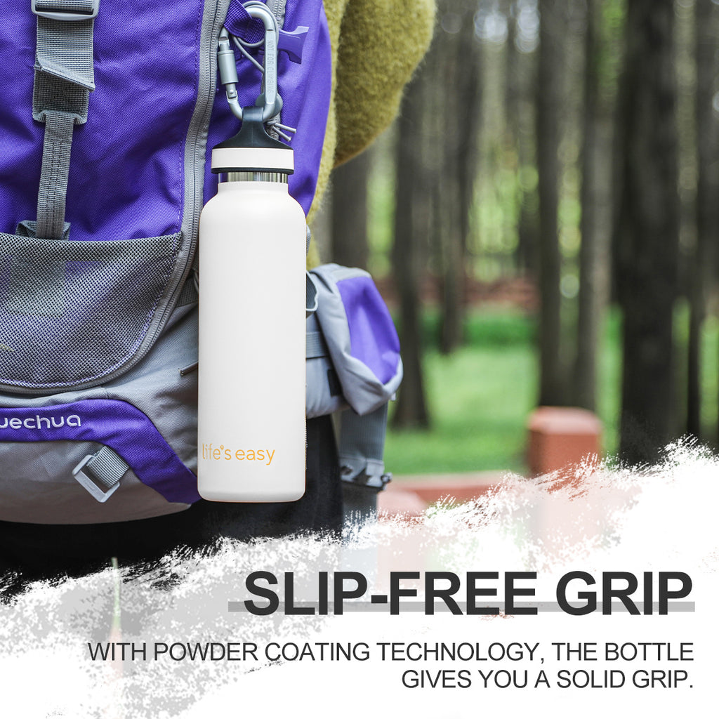 LIFE'S EASY 20 oz. Sports Insulated Water Bottle with Lid. Stainless Steel Vacuum Double Wall Thermo for Modern Hot and Cold Drinks, Simple Metal Hydro Canteen for Travel Men and Women (White) O3HM