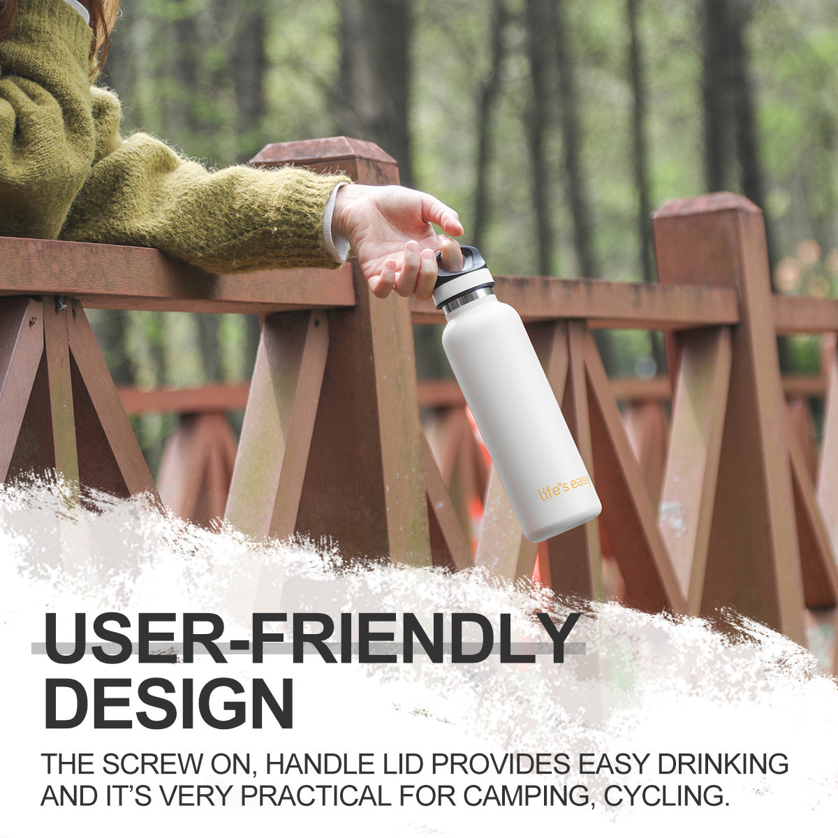LIFE'S EASY 20 oz. Sports Insulated Water Bottle with Lid. Stainless Steel Vacuum Double Wall Thermo for Modern Hot and Cold Drinks, Simple Metal Hydro Canteen for Travel Men and Women (White) O3HM