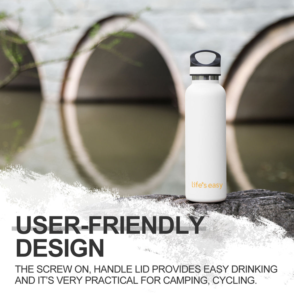 LIFE'S EASY 20 oz. Sports Insulated Water Bottle with Lid. Stainless Steel Vacuum Double Wall Thermo for Modern Hot and Cold Drinks, Simple Metal Hydro Canteen for Travel Men and Women (White) O3HM