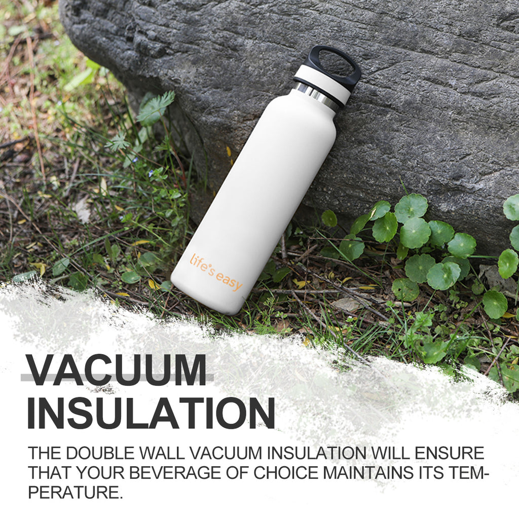 LIFE'S EASY 20 oz. Sports Insulated Water Bottle with Lid. Stainless Steel Vacuum Double Wall Thermo for Modern Hot and Cold Drinks, Simple Metal Hydro Canteen for Travel Men and Women (White) O3HM