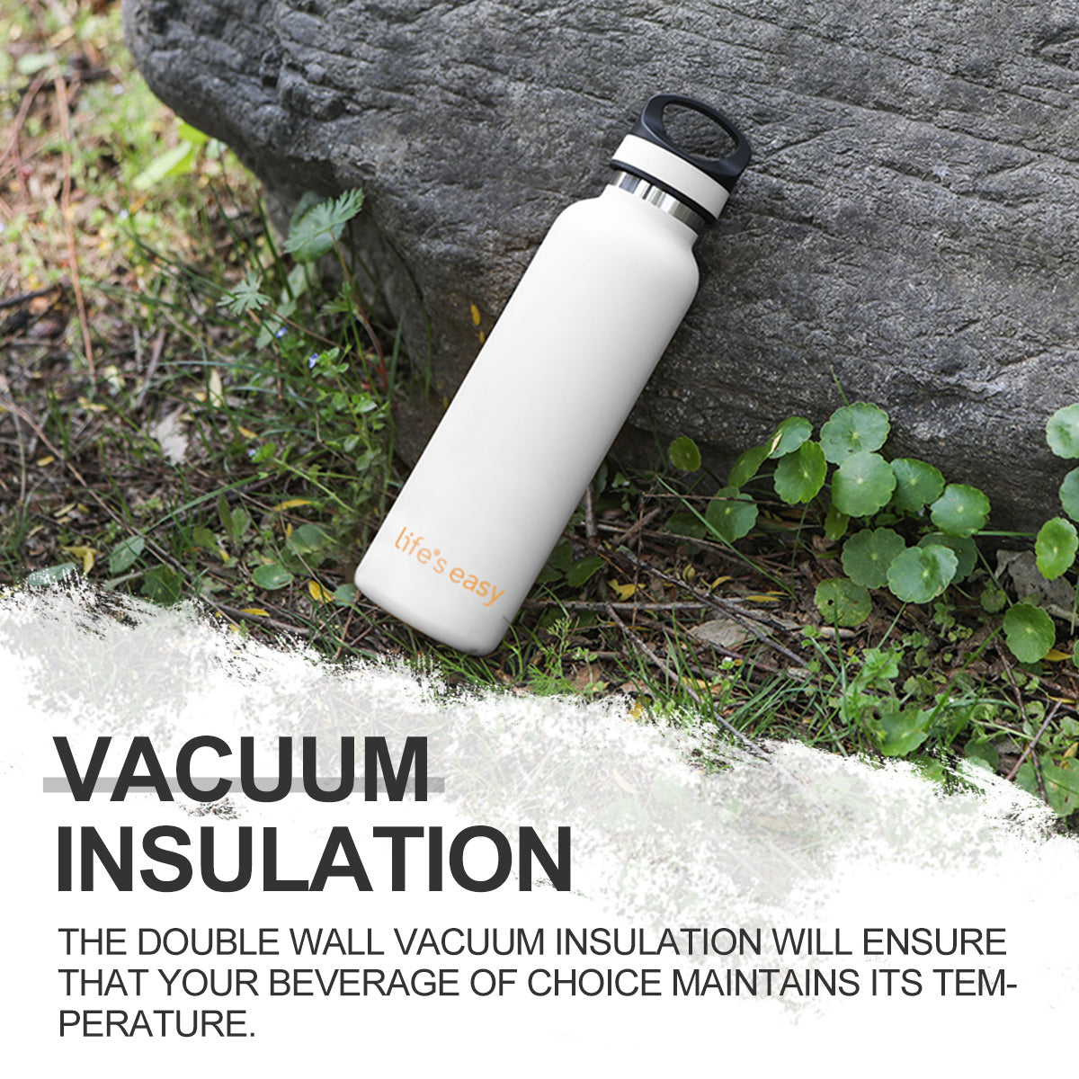 LIFE'S EASY 20 oz. Sports Insulated Water Bottle with Lid. Stainless Steel Vacuum Double Wall Thermo for Modern Hot and Cold Drinks, Simple Metal Hydro Canteen for Travel Men and Women (White) O3HM