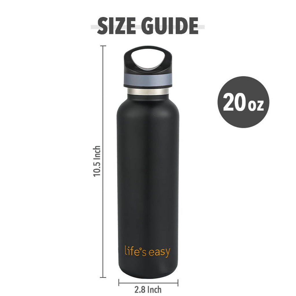 LIFE'S EASY 20 oz. Sports Insulated Water Bottle with Lid. Stainless Steel Vacuum Double Wall Thermo for Modern Hot and Cold Drinks, Simple Metal Hydro Canteen for Travel Men and Women (White) O3HM