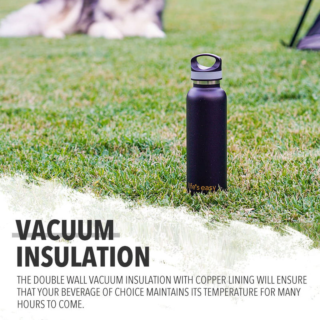 LIFE'S EASY 20 oz. Sports Insulated Water Bottle with Lid. Stainless Steel Vacuum Double Wall Thermo for Modern Hot and Cold Drinks, Simple Metal Hydro Canteen for Travel Men and Women (White) O3HM