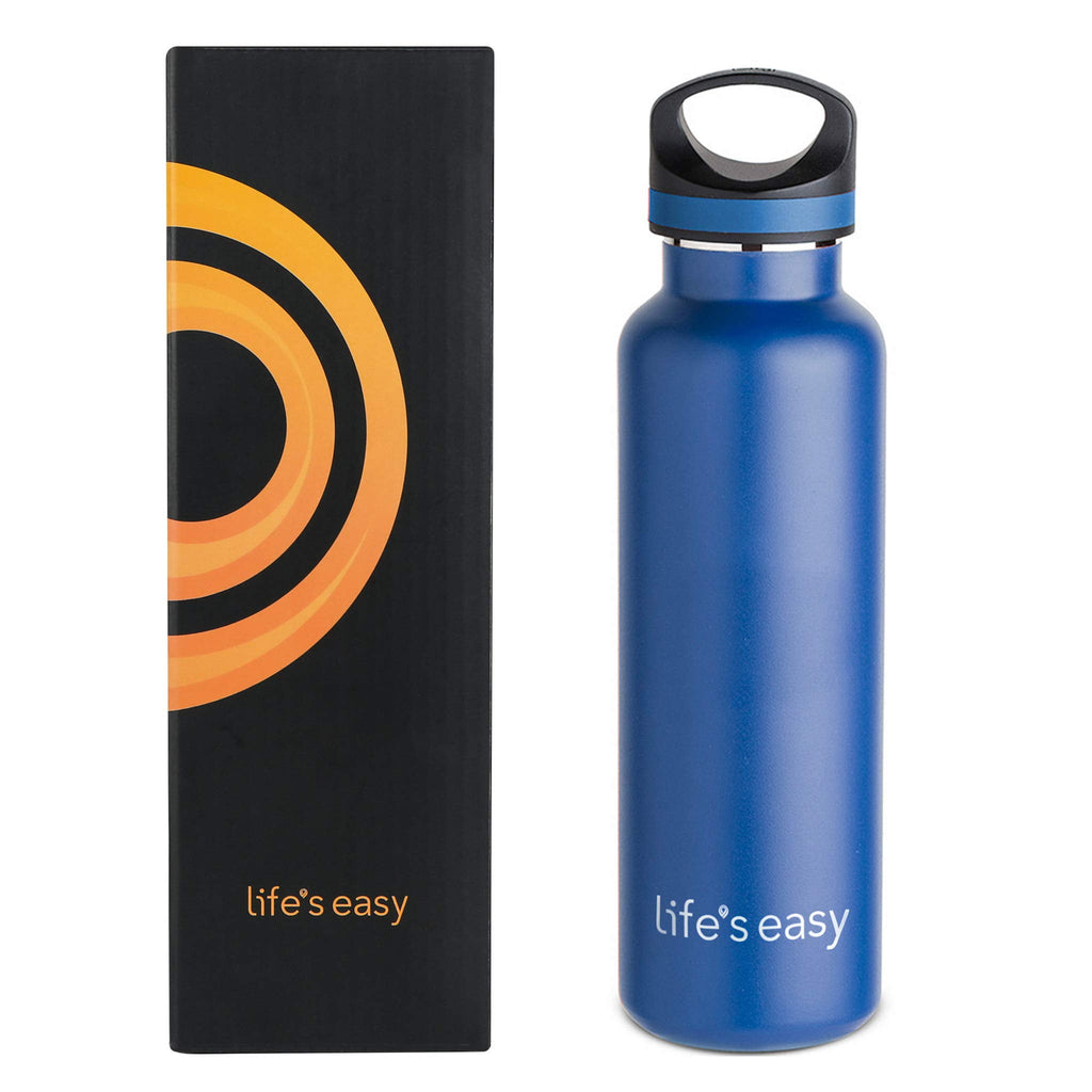 LIFE'S EASY 20 oz. Sports Insulated Water Bottle with Lid. Stainless Steel Vacuum Double Wall Thermo for Modern Hot and Cold Drinks, Simple Metal Hydro Canteen for Travel Men and Women (White) O3HM