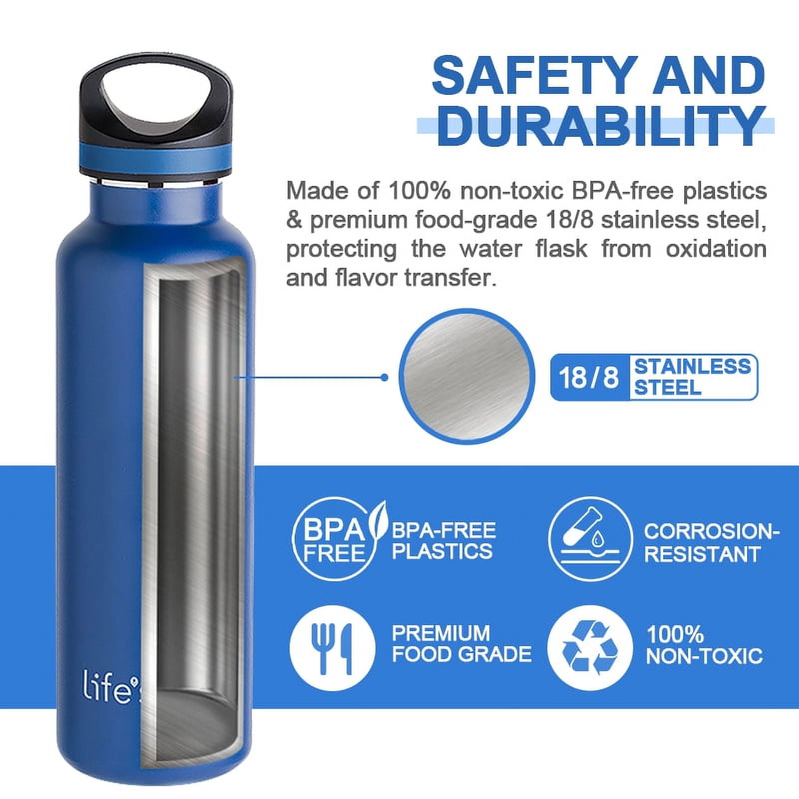 LIFE'S EASY 20 oz. Sports Insulated Water Bottle with Lid. Stainless Steel Vacuum Double Wall Thermo for Modern Hot and Cold Drinks, Simple Metal Hydro Canteen for Travel Men and Women (White) O3HM