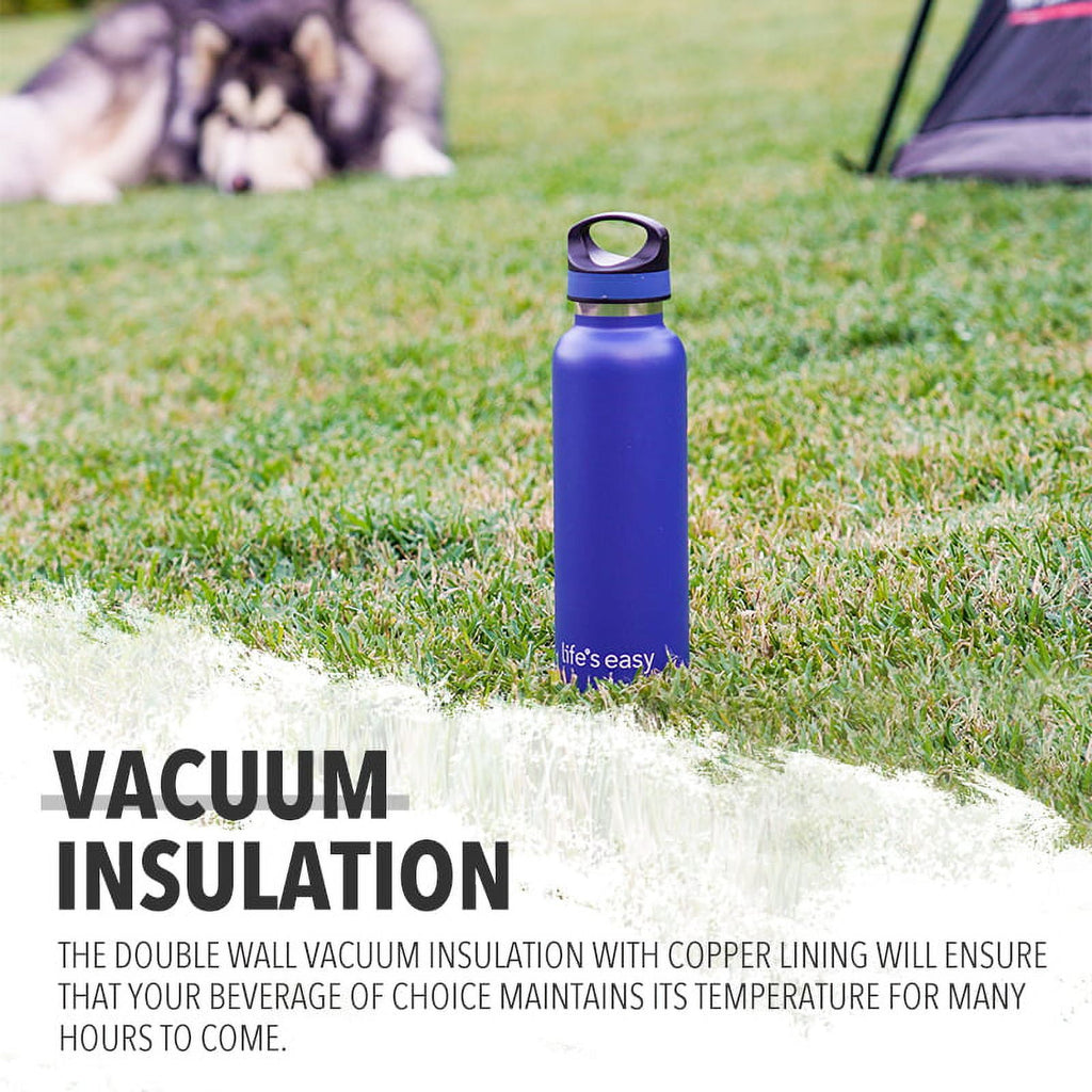 LIFE'S EASY 20 oz. Sports Insulated Water Bottle with Lid. Stainless Steel Vacuum Double Wall Thermo for Modern Hot and Cold Drinks, Simple Metal Hydro Canteen for Travel Men and Women (White) O3HM