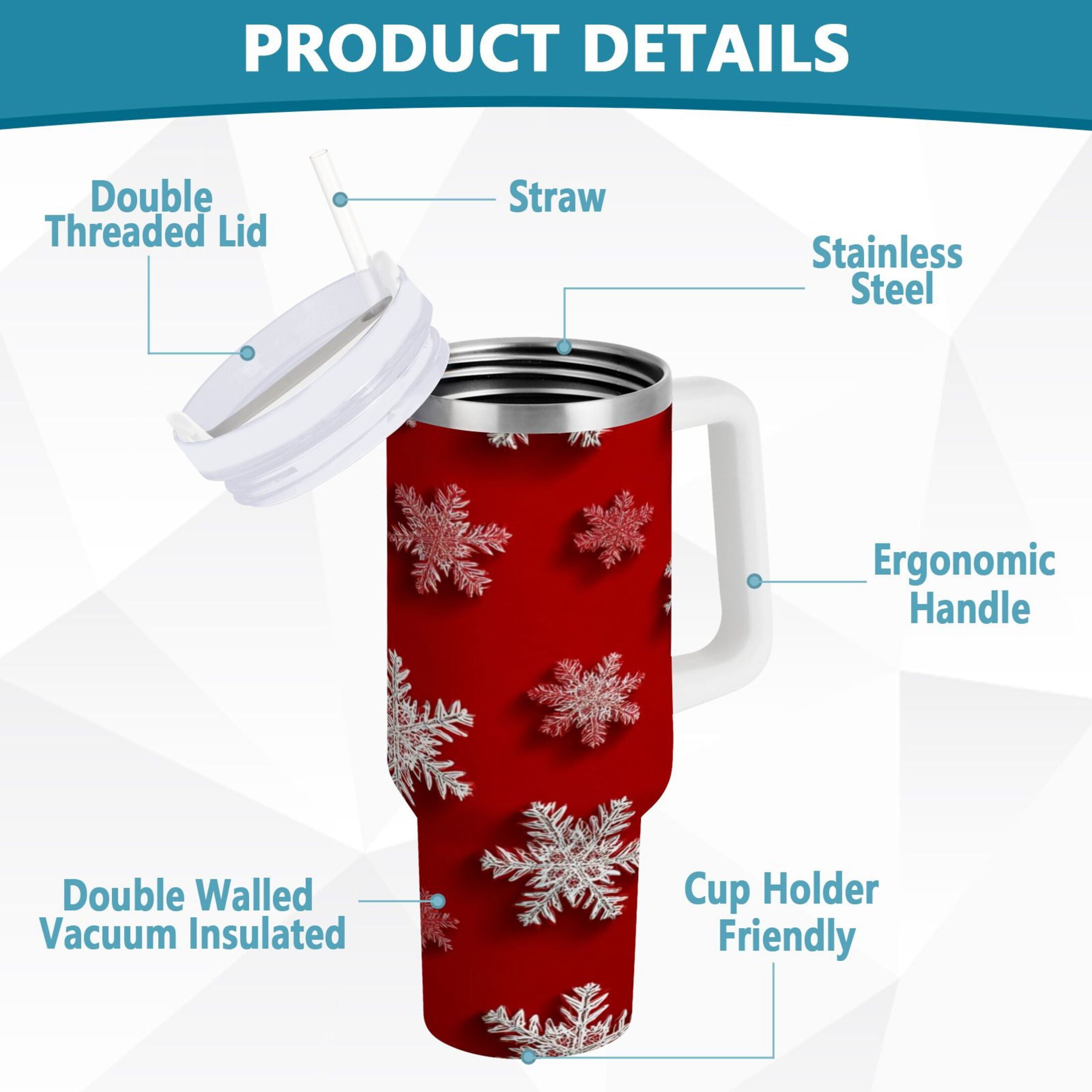 30 oz Insulated Stainless Steel Tumbler Double Wall Stainless Steel Tumbler with 2-Way Drinking Red and White Snowflakes XTAV