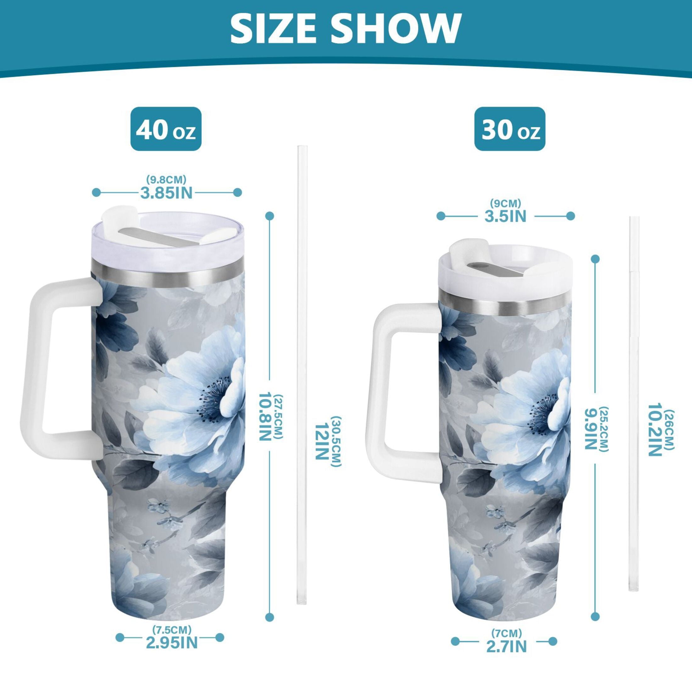 40 oz Insulated Stainless Steel Tumbler Double Wall Stainless Steel Tumbler with 2-Way Drinking White Floral Pattern LXOY