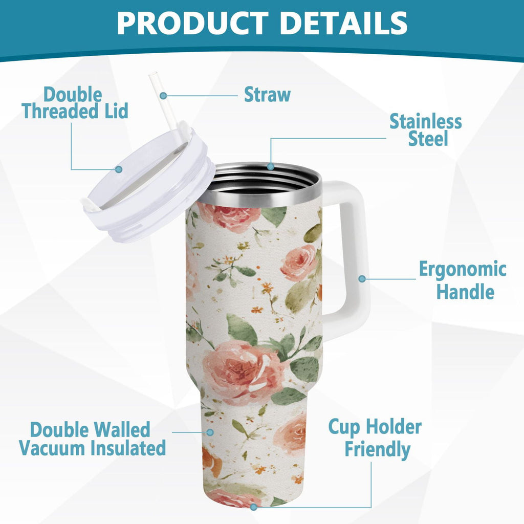 40 oz Insulated Stainless Steel Tumbler Double Wall Stainless Steel Tumbler with 2-Way Drinking Watercolor Rose Floral Pattern 48QI