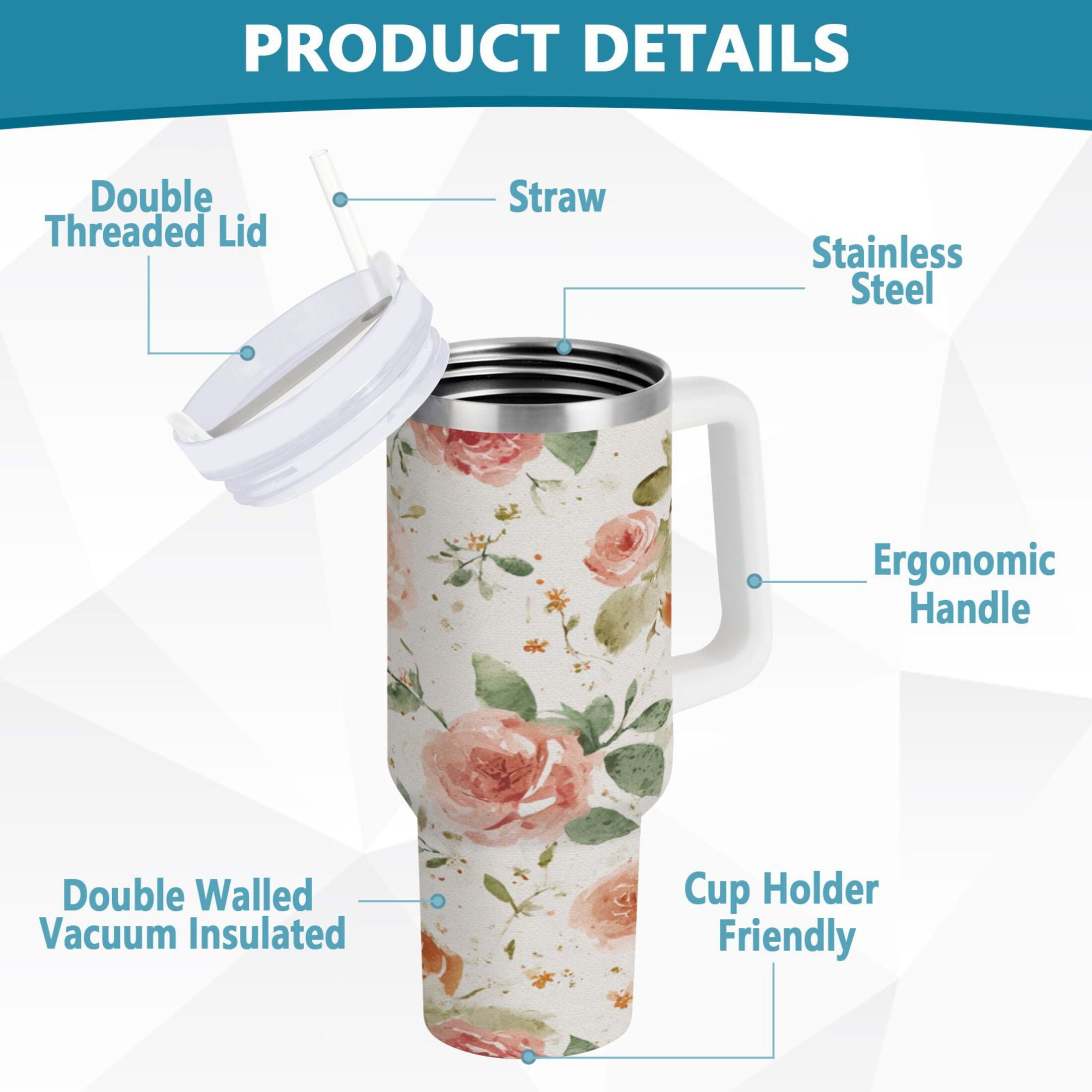 40 oz Insulated Stainless Steel Tumbler Double Wall Stainless Steel Tumbler with 2-Way Drinking Watercolor Rose Floral Pattern 48QI